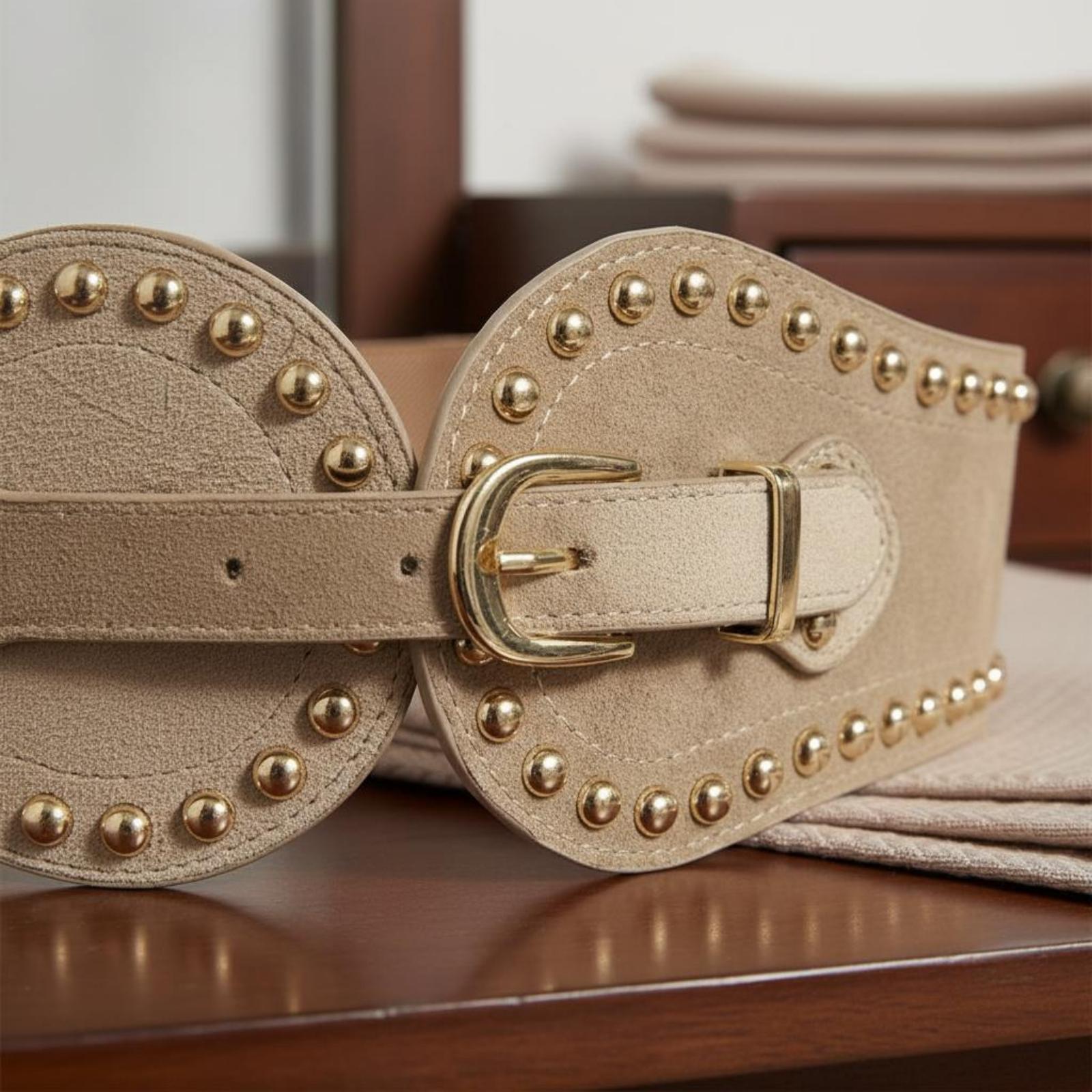 Leather Work Western - 女性用、伸縮性のあるウエストベルト。スエード調のフェイクレザー素材で、幅広のスタッズ装飾が施された、ウェスタン風のデザイン。スカートやジーンズ、普段着に合わせやすい、伸縮性のあるサッシュベルト。