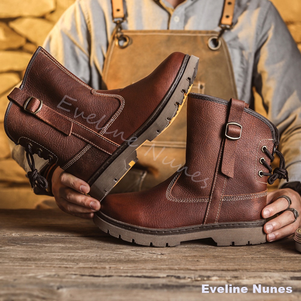 Leather Work Western - メンズトップグレイン牛革ハイカットワークブーツ、レースアップウエスタンカウボーイブーツ＆ファッションライディングブーツ、ブラウンスリッポンミッドカーフブーツ