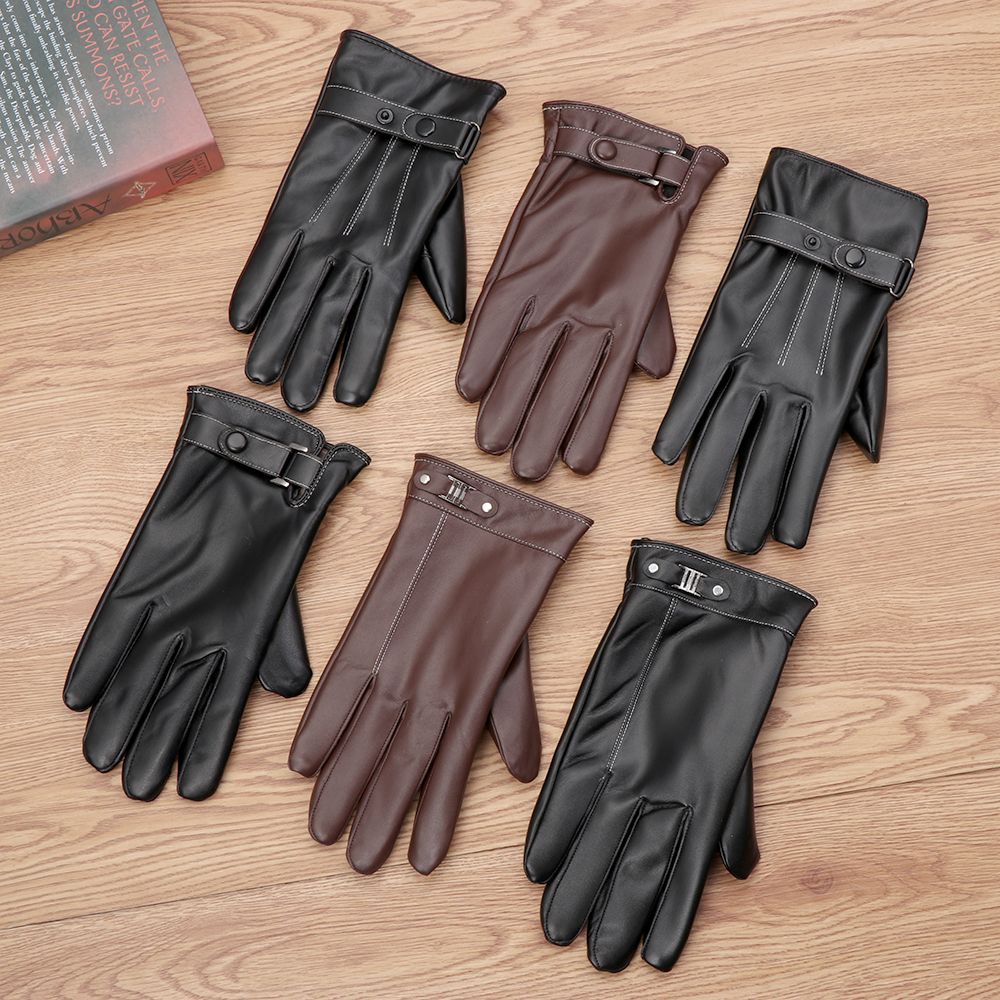 Leather Work Winter Gloves - メンズフリースサーマルレザーグローブ、ウォーム、タッチスクリーン、防風、防水、フルフィンガー、ブラック、運転