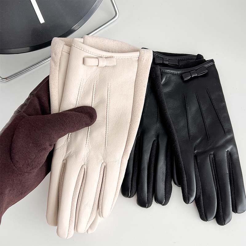 Leather Work Winter Gloves - 秋冬のアウトドアサイクリングに最適な女性用レザーフィンガーレスグローブ、暖かく防寒性のある無地グローブ