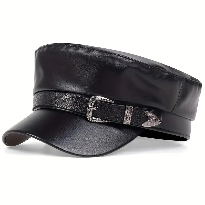 Leather Work Hat - ファッション女性用大型ベルトバックルレザーハット春秋セーラーハットブラックレディースベレー帽メンズフラットトップキャプテンミリタリーキャップ