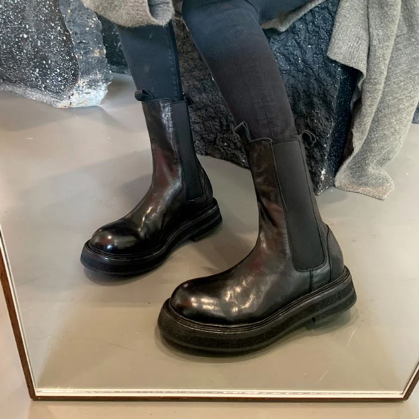 Leather Work Western - 2026年春 レディース PUレザー ミッドカーフブーツ フラットヒールシューズ ブーティ