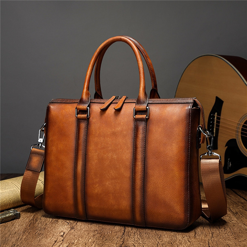 Leather Work Handbag - YETTIES ビジネス トップグレインレザー ブリーフケース | 14インチノートパソコン用クロスボディショルダーバッグ