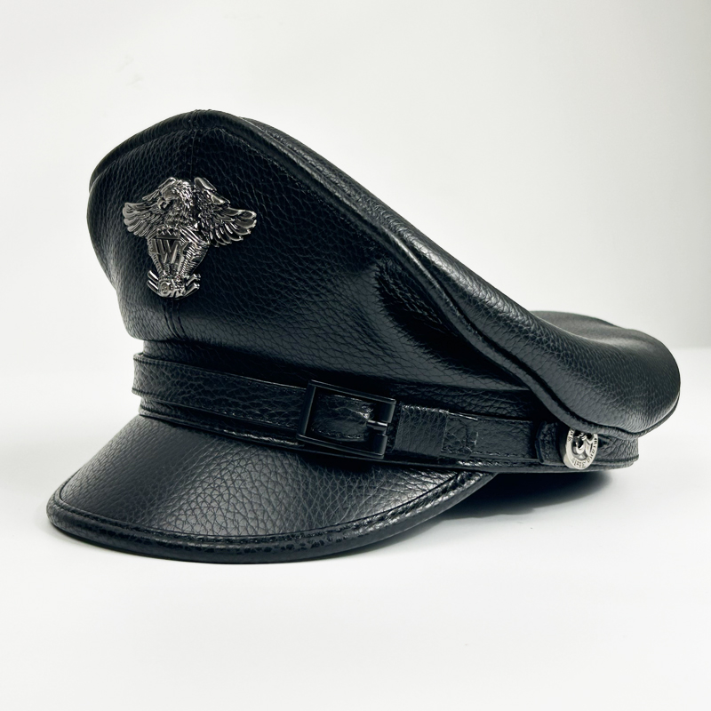 Leather Work Hat - 2025 レトロドイツ軍キャップ男性男性本革フラットトップ帽子ヨーロッパアメリカキャプテン機関車帽子
