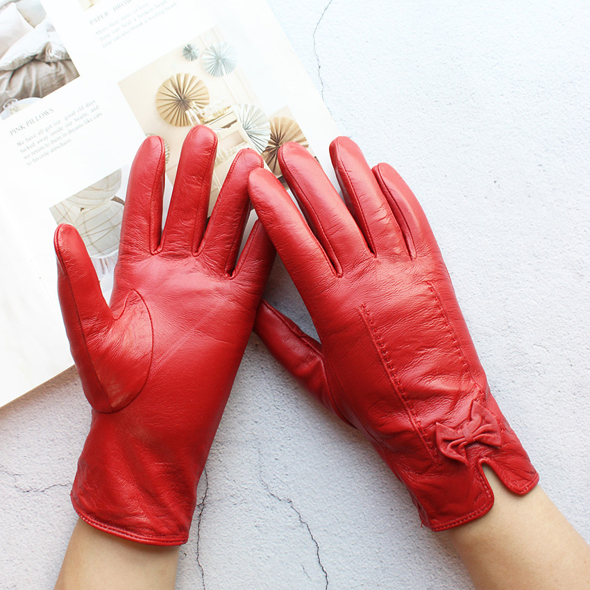 Leather Work Winter Gloves - カラフルな革手袋女性ファッションシンプルなスタイルのベルベット裏地秋冬暖かいレディースシープスキンフィンガーグローブ