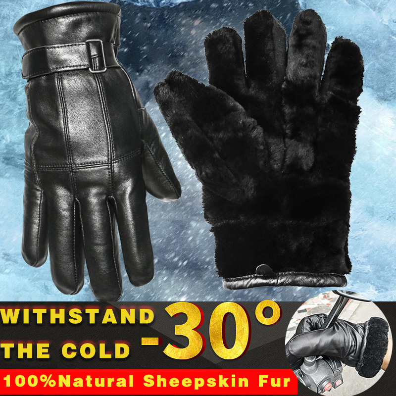 Leather Work Winter Gloves - 男性と女性のための革のシープスキングローブ、スプリットフィンガーグローブ、厚くて暖かい、本物のウール、風と寒い冬