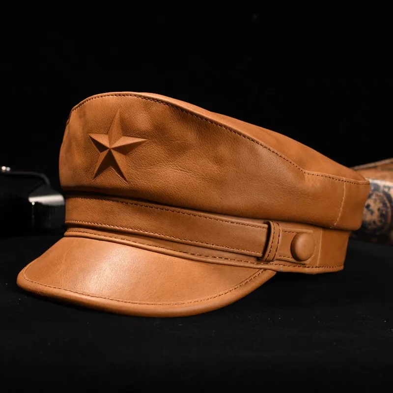 小説軍キャップ男性のためのレトロフラット軍事キャップ男性本革 - Leather Work Hat のレビューと価格