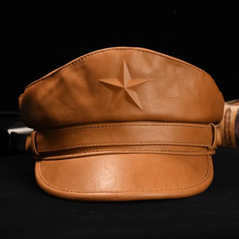 小説軍キャップ男性のためのレトロフラット軍事キャップ男性本革 - Leather Work Hat のレビューと価格