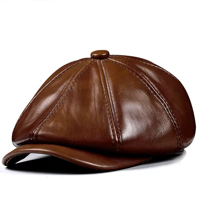 春の新本革帽子キャップ牛革ベレー帽暖かい綿男性パッドブランド - Leather Work Hat のレビューと価格