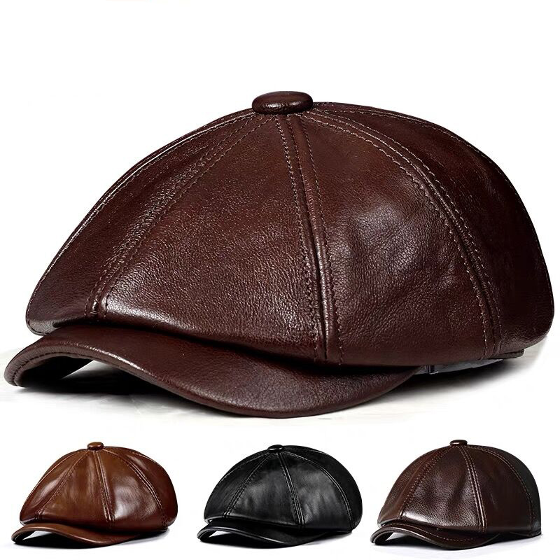 春の新本革帽子キャップ牛革ベレー帽暖かい綿男性パッドブランド - Leather Work Hat のレビューと価格