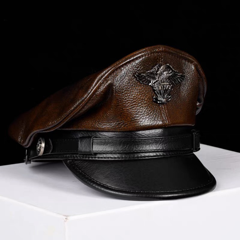 2025 レトロドイツ軍キャップ男性男性本革フラットトップ帽 - Leather Work Hat のレビューと価格