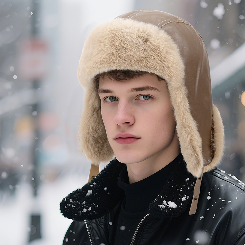メンズ冬用暖かいPUレザートラッパーハット、フェイクファー耳 - Leather Work Hat のレビューと価格